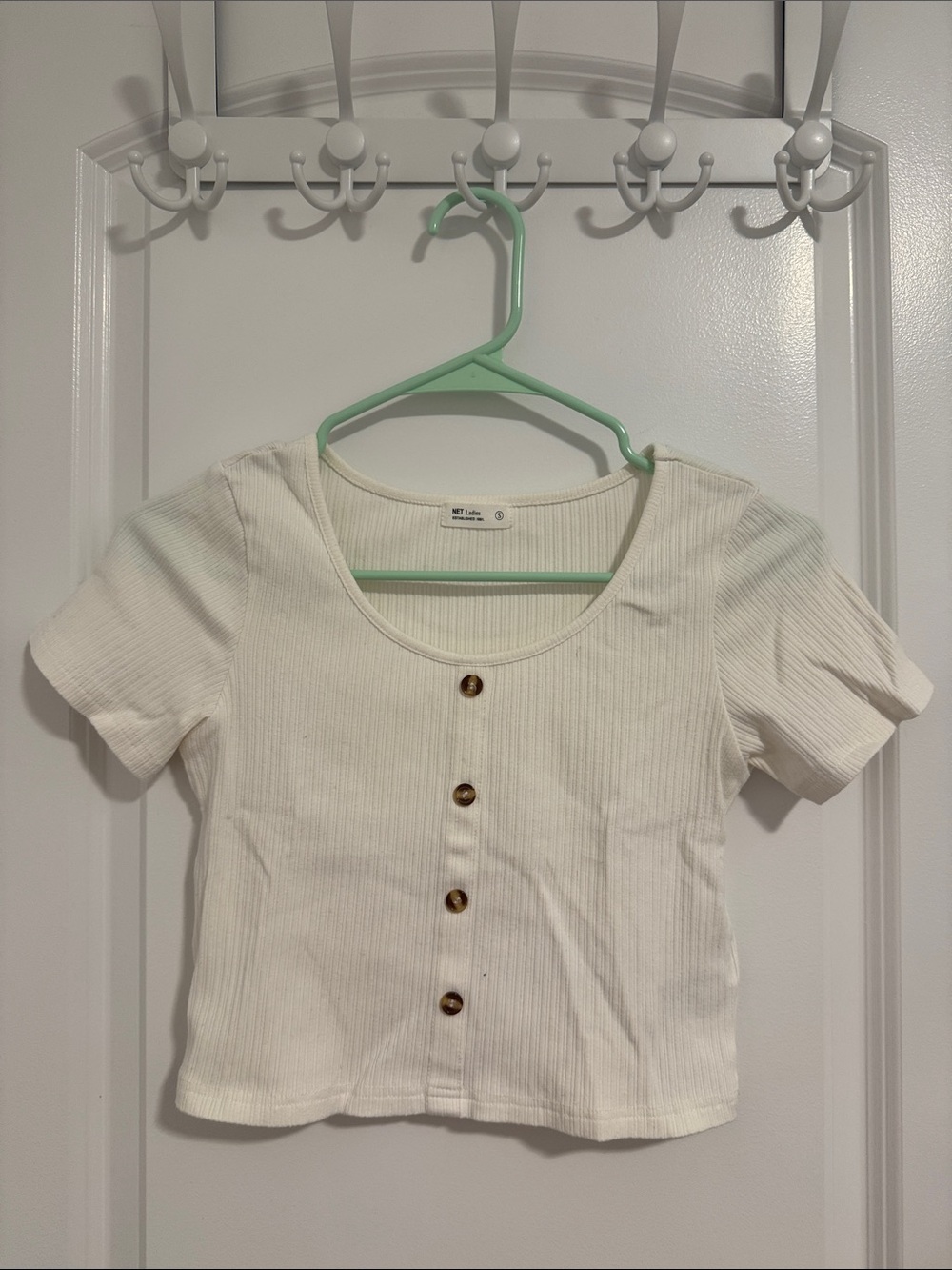 Ribbed Button-Front Crop Tee - White